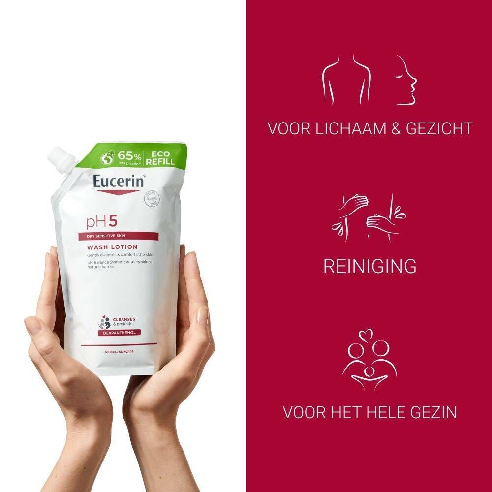Handen houden een Eucerin pH5 Waslotion navulling vast. Tekst: Voor lichaam & gezicht.