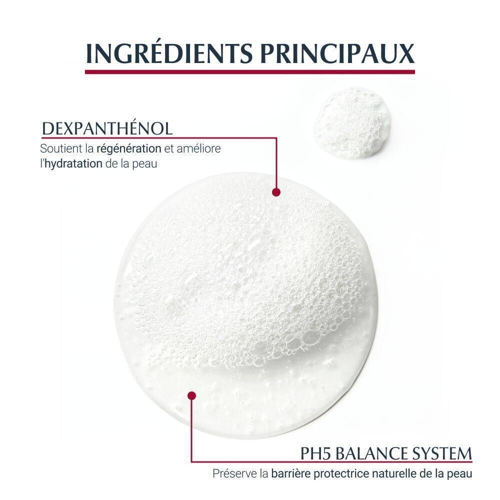 Gros plan sur de la mousse. Texte : Ingrédients principaux, Dexpanthenol, pH5.