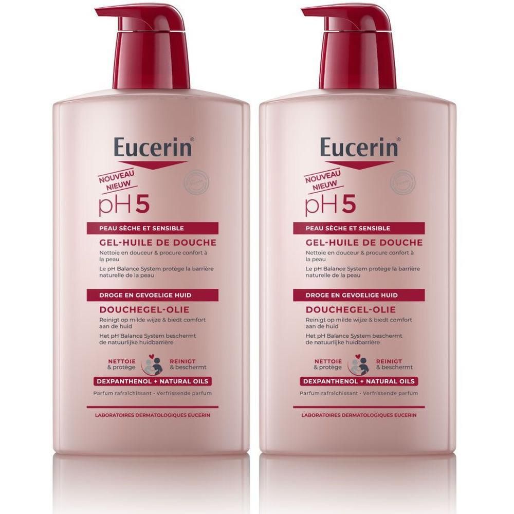Deux flacons de Gel-Huile de Douche Eucerin pH5. Liquide rose, bouchon pompe rouge. Texte en français.