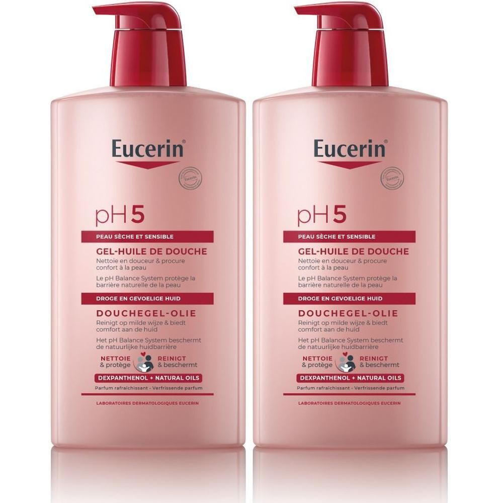 Twee flessen Eucerin pH5 Douchegel-Olie. Roze vloeistof, rode pomp. Nederlandse tekst.