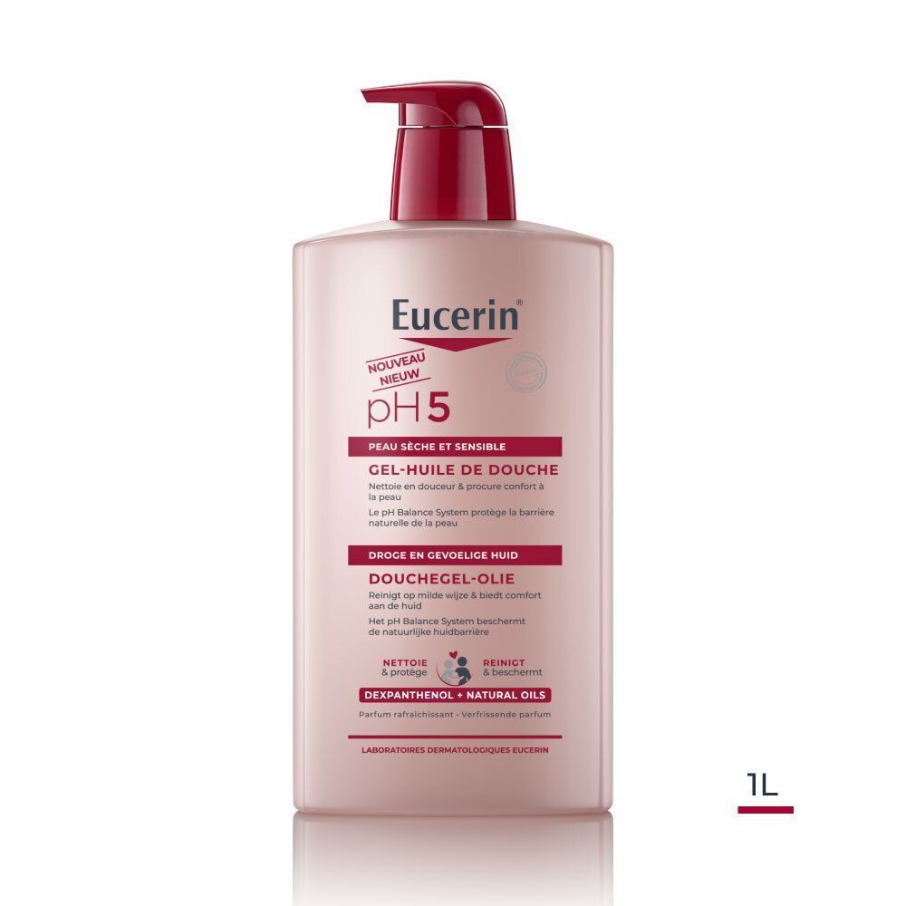 Flacon de Gel-Huile de Douche Eucerin pH5. Liquide rose, bouchon pompe rouge. 1L. Texte en français.