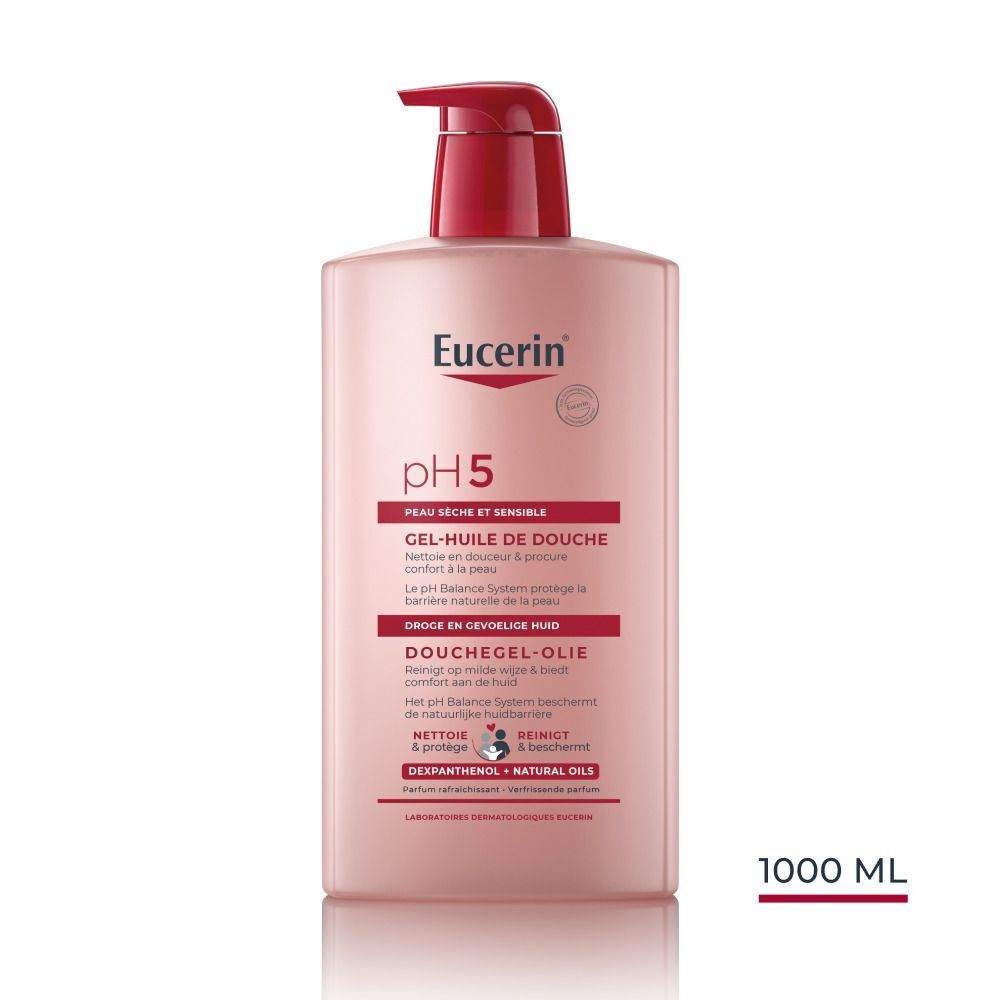 Eucerin pH5 Douchegel-Olie fles. Roze vloeistof, rode pomp. 1000 ml. Nederlandse tekst.