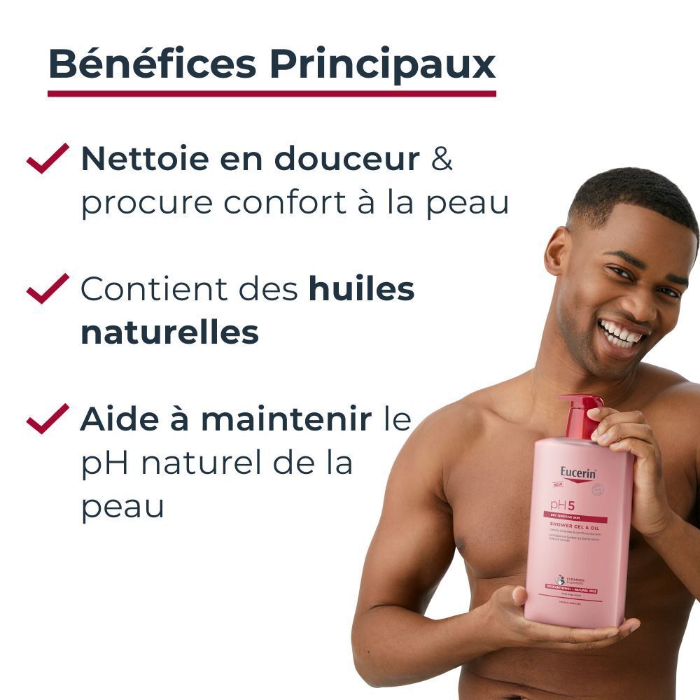 Homme tenant Gel-Huile de Douche Eucerin pH5. Avantages : nettoyage doux, confort, maintien du pH. Texte.