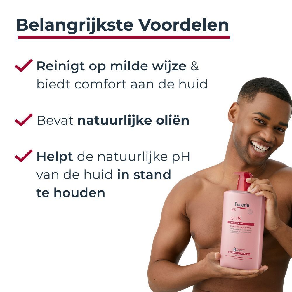 Man houdt Eucerin pH5 Douchegel-Olie vast. Voordelen: zachte reiniging, comfort, pH-behoud. Nederlandse tekst.