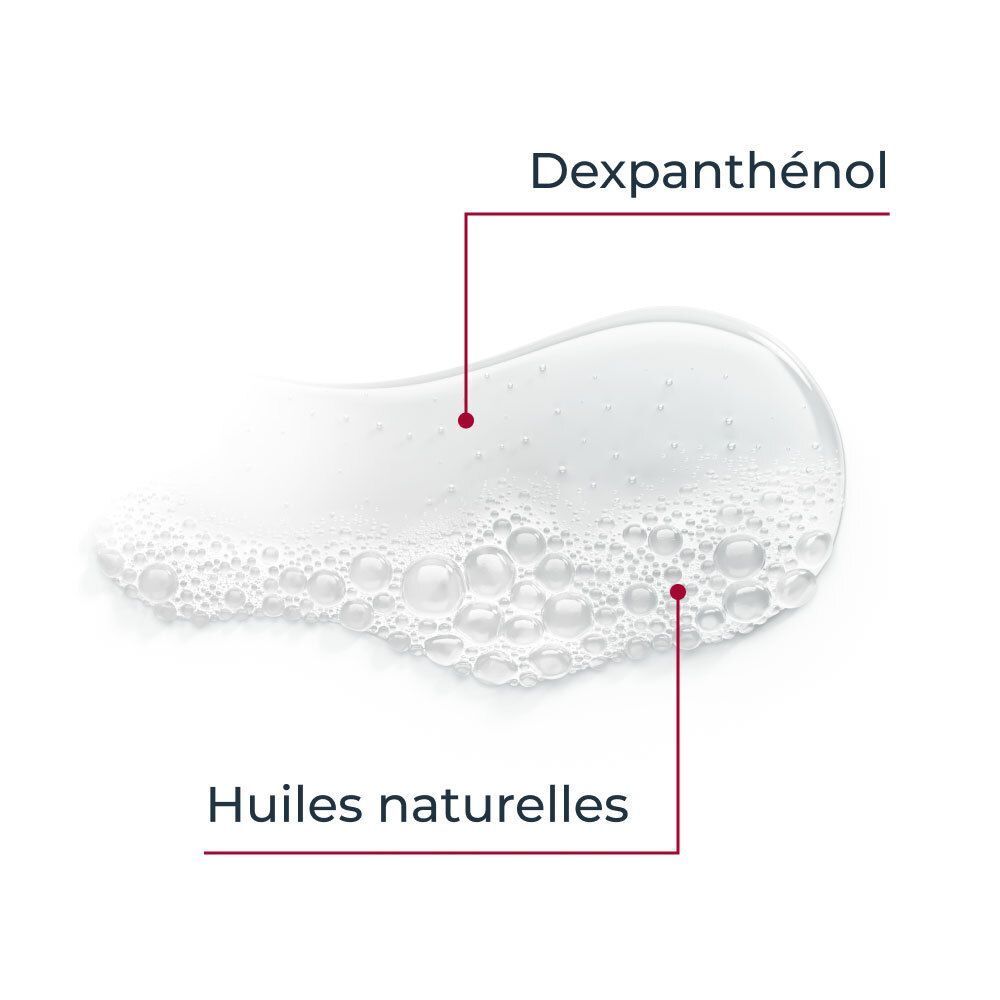 Gros plan sur Dexpanthenol et huiles naturelles. Liquide blanc avec indications rouges. Texte en français.