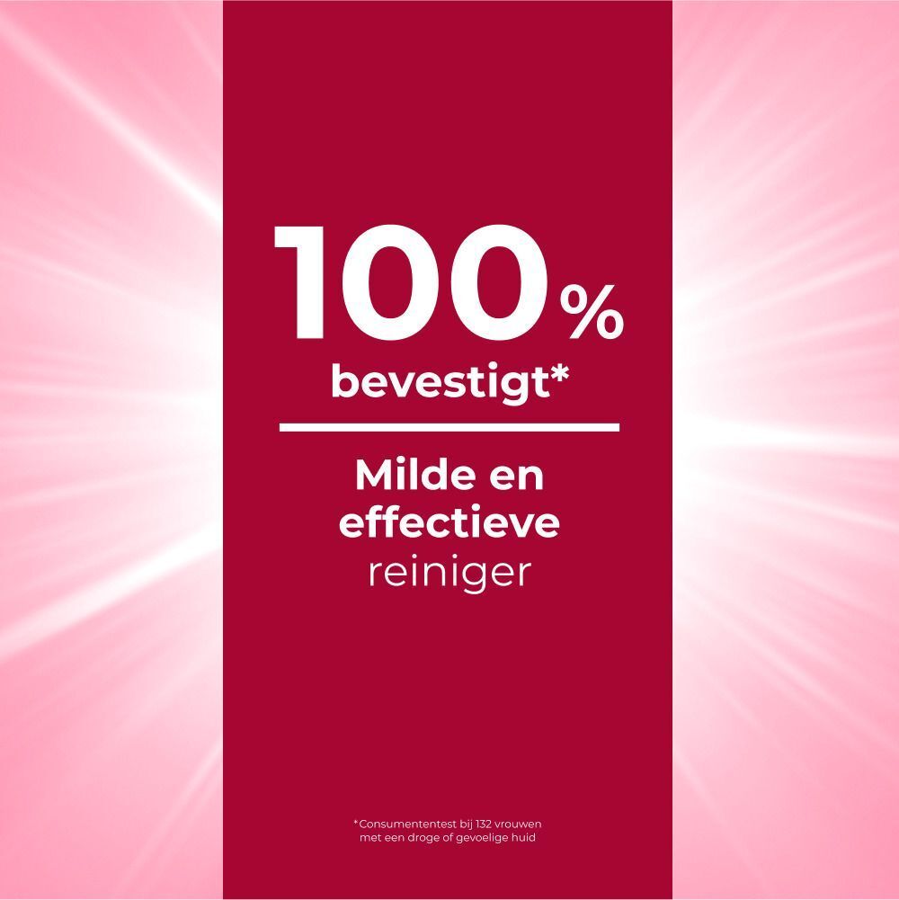 Tekst: 100% bevestigd: zachte en effectieve reiniger. Rode achtergrond. Nederlandse tekst.