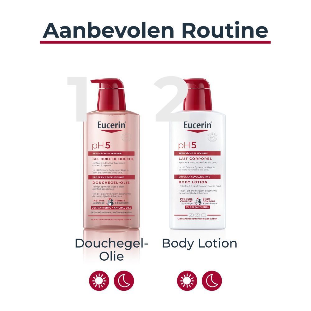 Aanbevolen routine: Eucerin pH5 Douchegel-Olie en Body Lotion. Nederlandse tekst.
