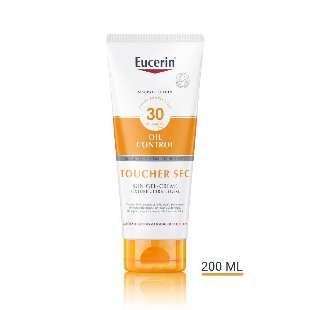 Tube Eucerin Sun Sensitive Protect SPF30. Blanc, orange et jaune. Texte : OIL CONTROL, TOUCHER SEC, Texture Ultra-Légère. 200 ML.