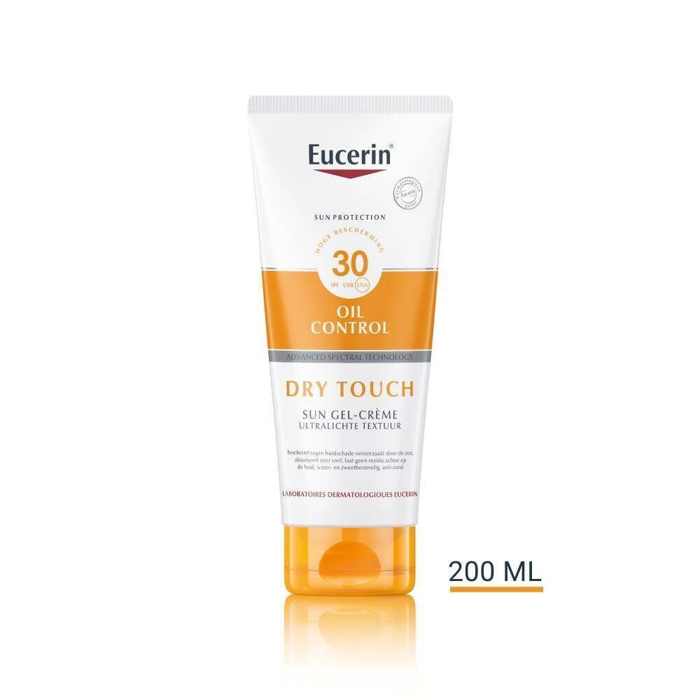 Eucerin Dry Touch Sun Gel-Crème tube. Wit, oranje en geel. Tekst: 30, OIL CONTROL, DRY TOUCH, Ultra-Lichtgewicht Textuur. 200 ML.