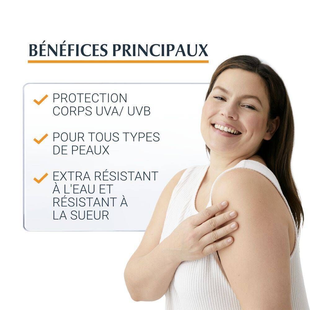 Femme souriante. Texte : PROTECTION CORPS UVA/UVB, POUR TOUS TYPES DE PEAUX, EXTRA RÉSISTANT À L'EAU ET RÉSISTANT À LA SUEUR.