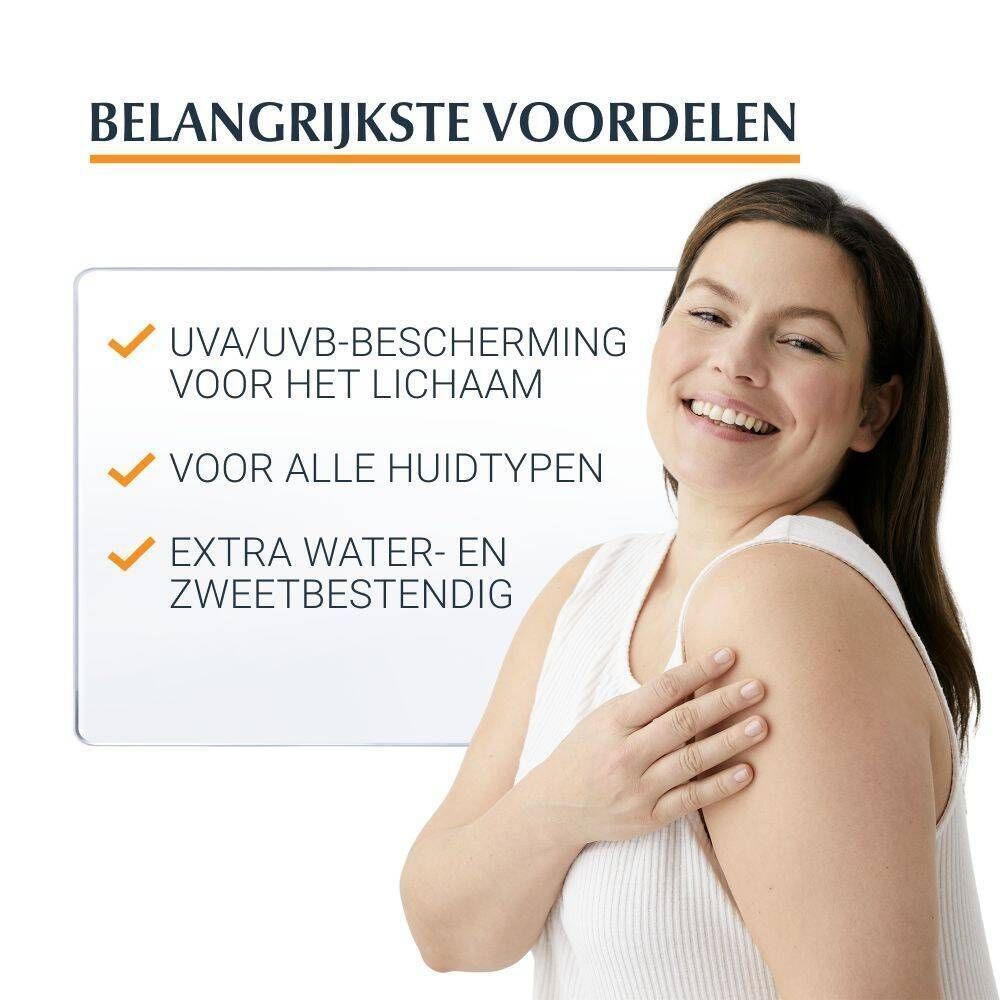 Lachende vrouw. Tekst: UVA/UVB-BESCHERMING VOOR HET LICHAAM, VOOR ALLE HUIDTYPEN, EXTRA WATER- EN ZWEETBESTENDIG.