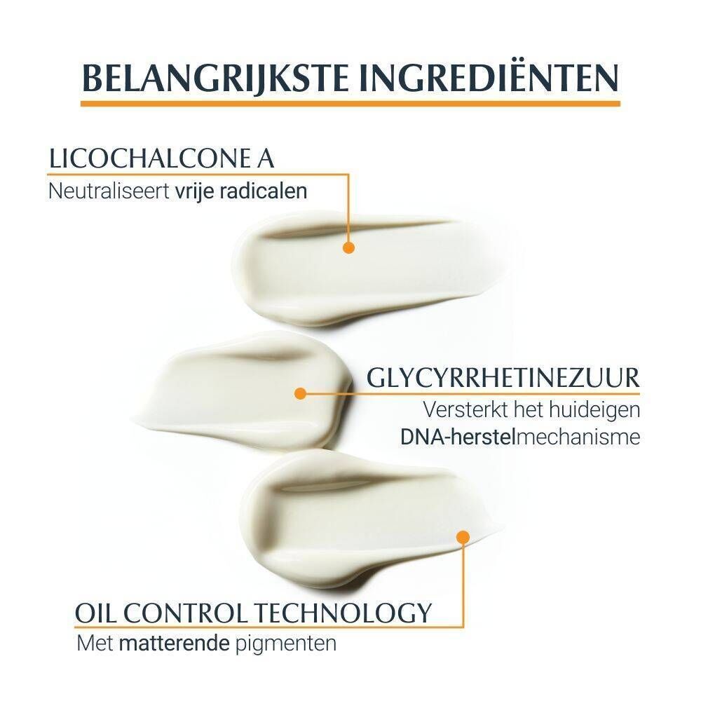 Drie crèmestrepen. Tekst: LICOHALCONE A, GLYCYRRHETINEZUUR, OIL CONTROL TECHNOLOGY.