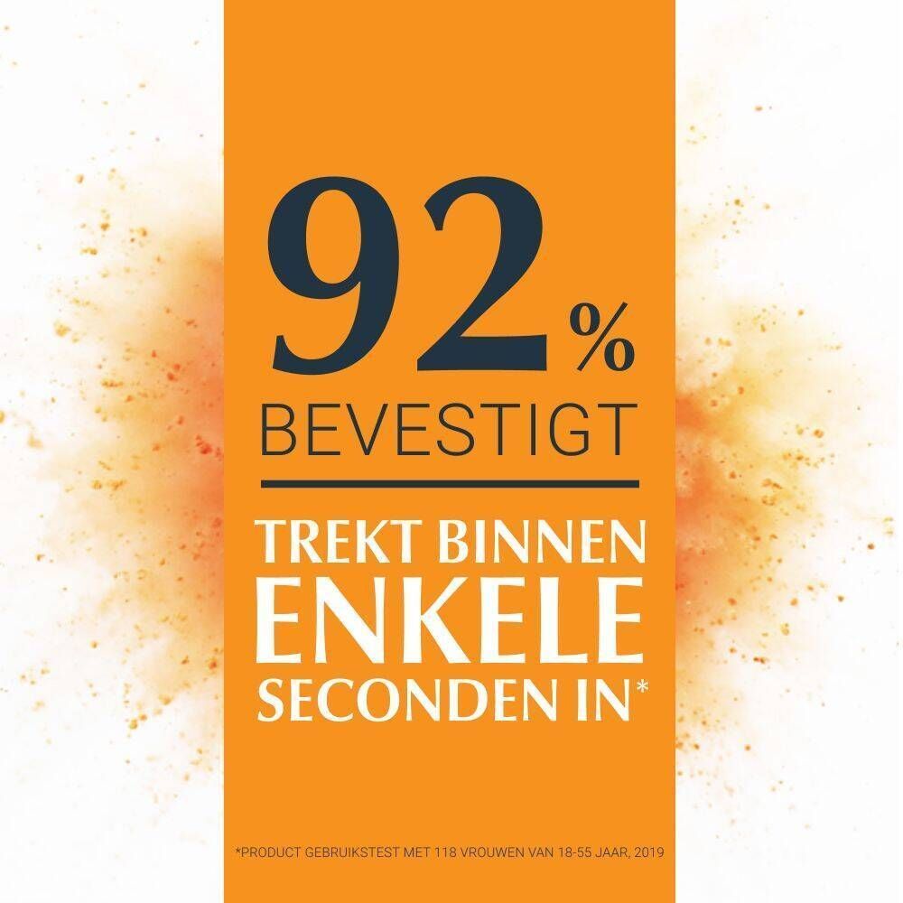 Oranje achtergrond. Tekst: 92% BEVESTIGT, TREKT BINNEN ENKELE SECONDEN IN.