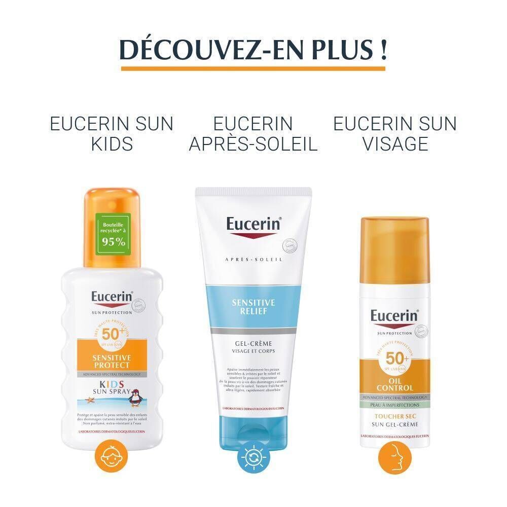 Trois produits Eucerin. Texte : Eucerin Sun Kids, Après-Soleil, Visage. Différents emballages.