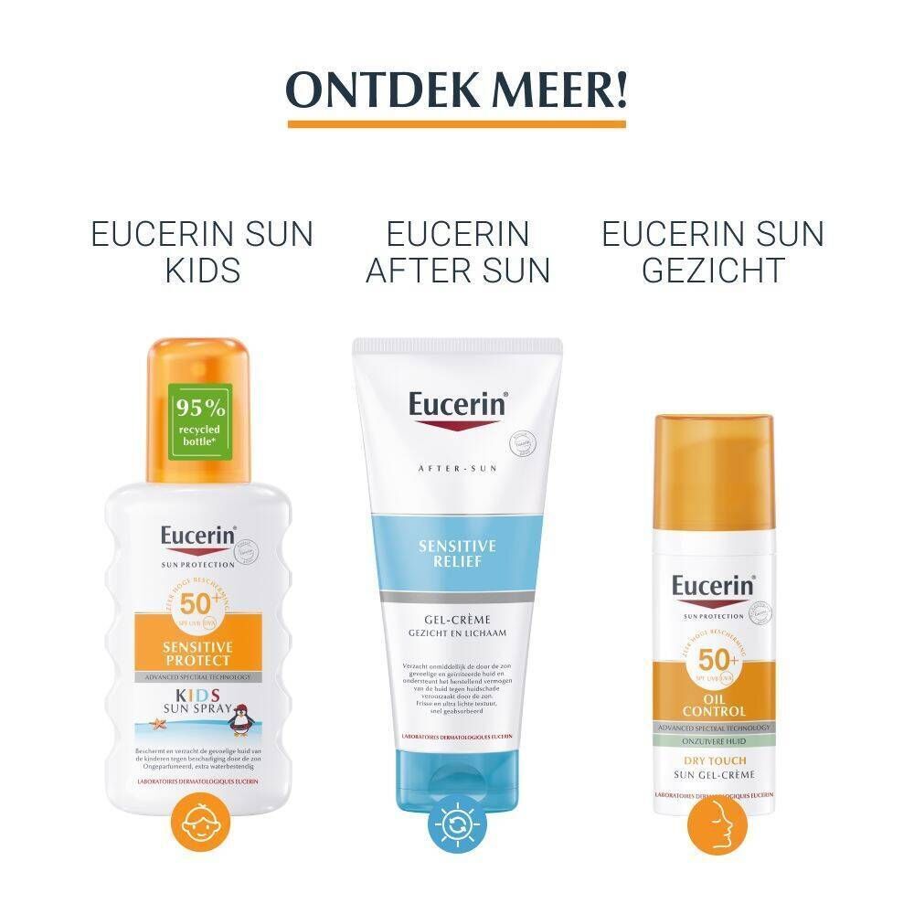 Drie producten. Tekst: Eucerin Sun Kids, Eucerin After Sun, Eucerin Sun Gezicht.
