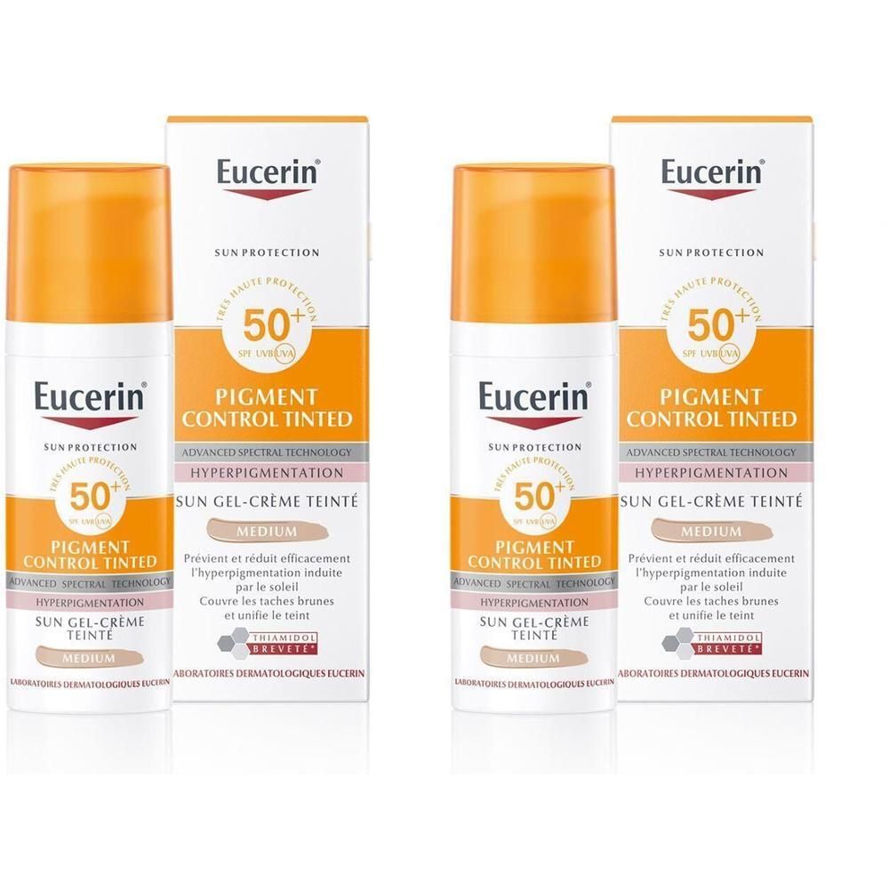 Deux tubes Eucerin Sun Pigment Control Tinted SPF50+ Gel-Crème Medium et emballage. Bouchon orange, tube blanc avec texte.