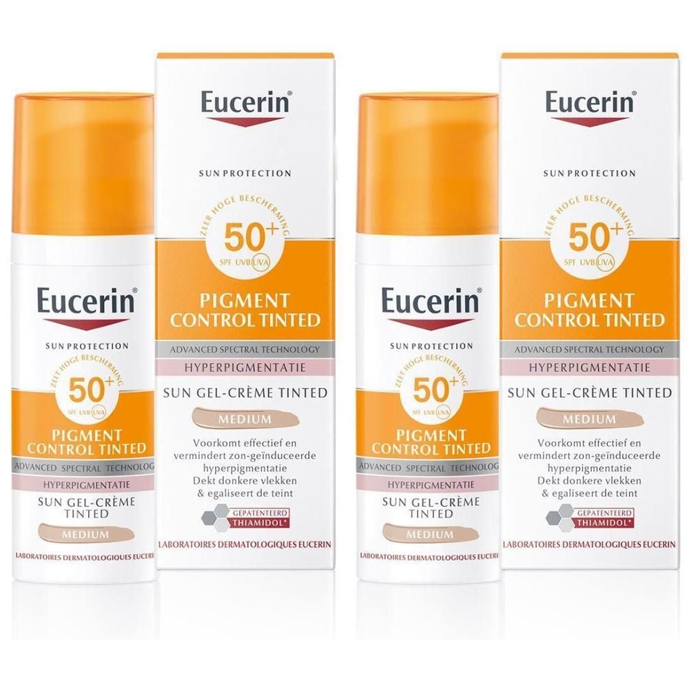 Vier tubes Eucerin Sun Pigment Control Tinted SPF50+ Gel-Crème Medium en verpakking. Oranje dop, witte tube met tekst.