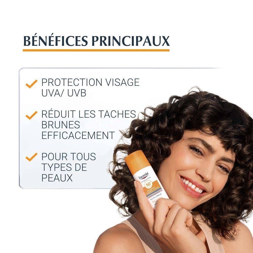Bénéfices: Protection visage, réduit les taches brunes, pour tous types de peaux. Femme tenant le produit. Texte: Eucerin, SPF 50+.