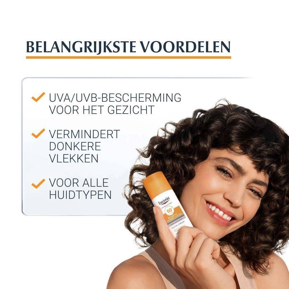 Vrouw houdt Eucerin Sun Pigment Control Tinted SPF50+ Gel-Crème Medium vast. Tekst: Belangrijkste voordelen, UVA/UVB-bescherming, vermindert donkere vlekken.