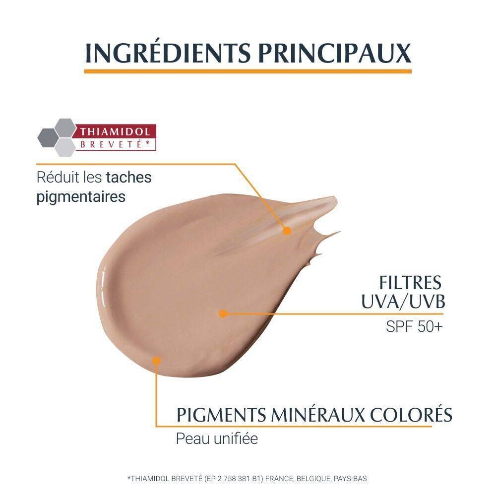 Ingrédients: Thiamidol, filtres UVA/UVB SPF 50+, pigments minéraux colorés. Texte: Réduit les taches pigmentaires, peau unifiée.