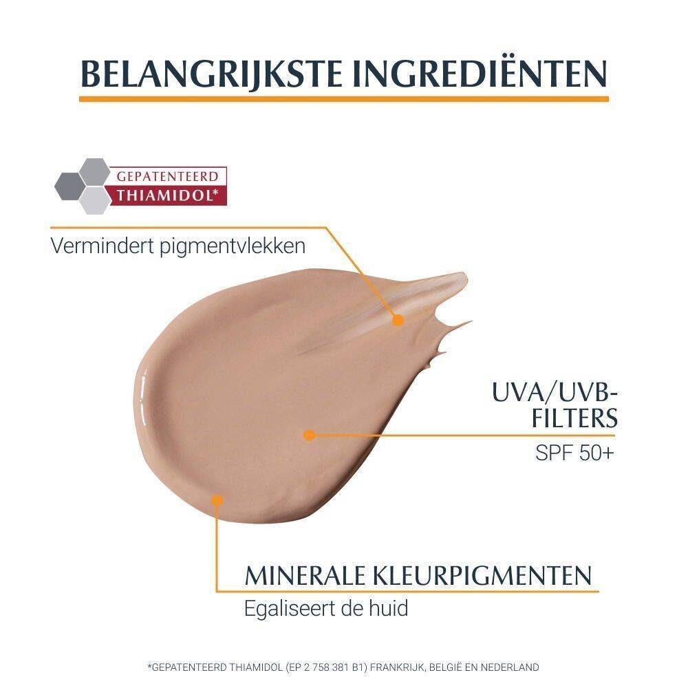 Ingrediënten: Thiamidol, UVA/UVB-filters SPF 50+, minerale kleurpigmenten. Tekst: Vermindert pigmentvlekken, egaliseert de huid.