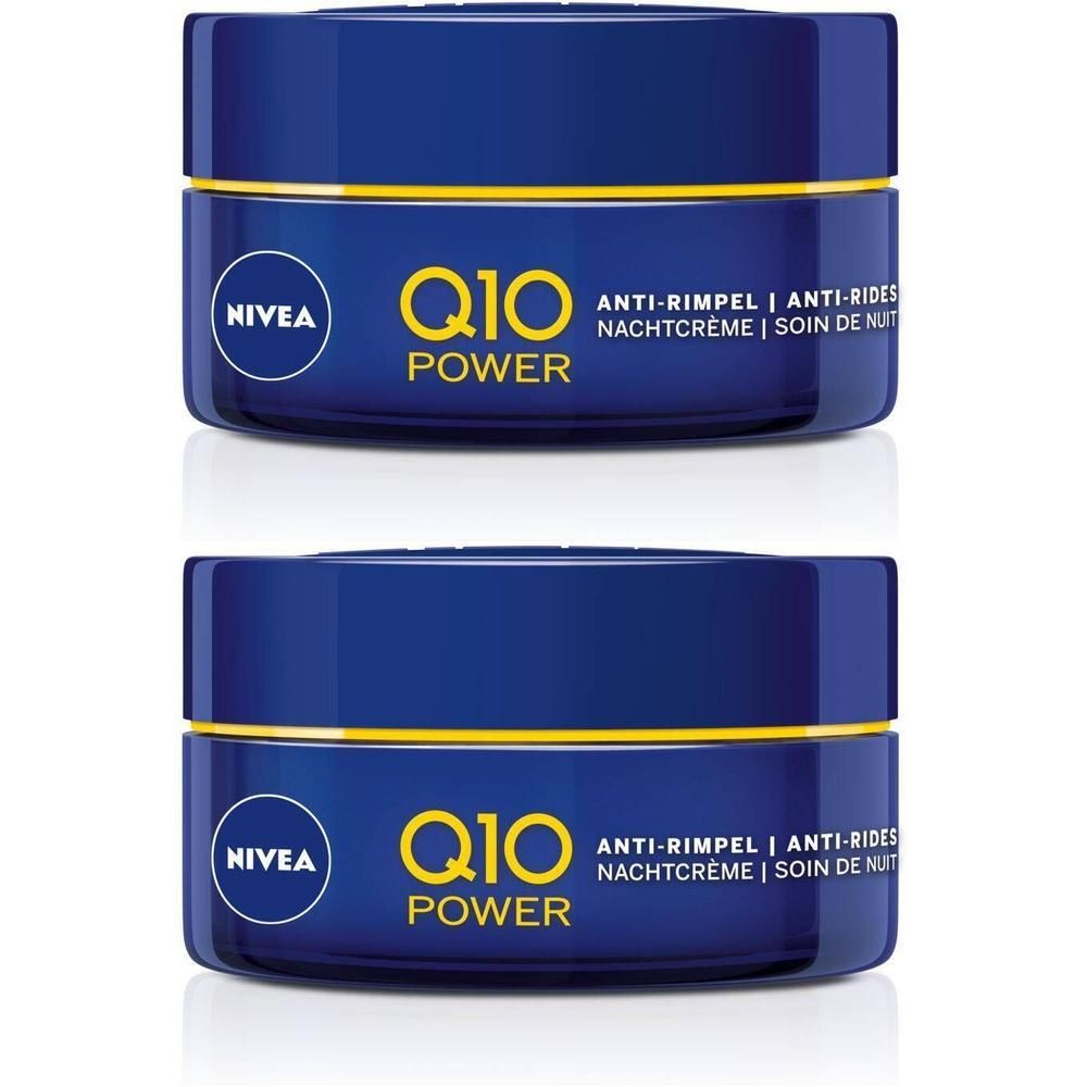 Twee blauwe potten met gele deksels. Opschrift: NIVEA, Q10 Power, anti-rimpel nachtcrème. Zichtbare productverpakking.