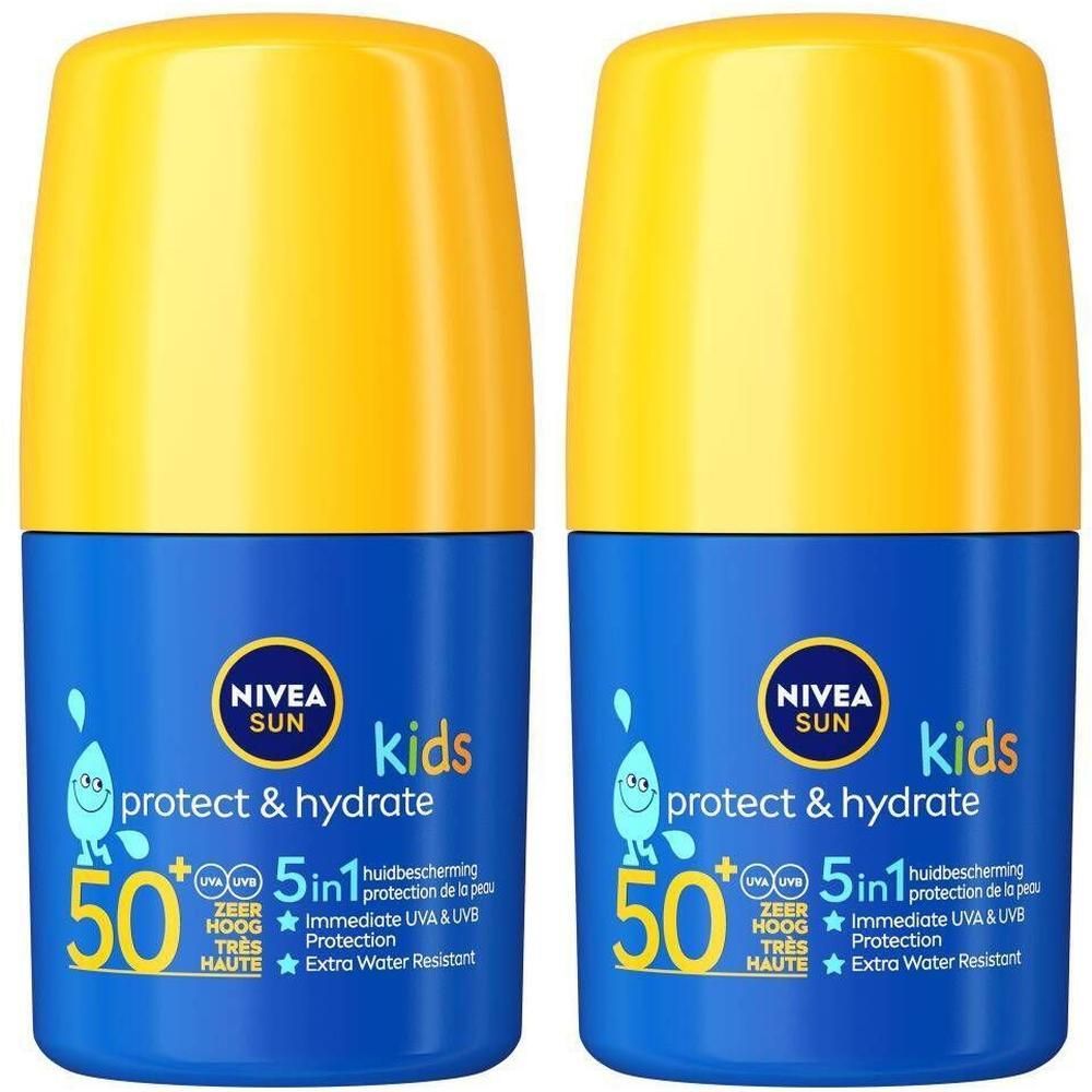 Deux roll-on solaires bleus et jaunes. Inscription : Nivea Sun Kids, protect & hydrate, SPF 50. Protection 5 en 1. Très résistant à l'eau.
