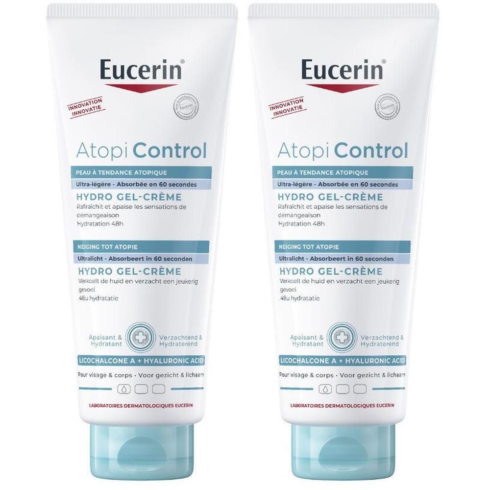 Deux tubes de Eucerin AtopiControl Hydro Gel-Crème. Tubes blancs avec accents bleus. Texte en français.