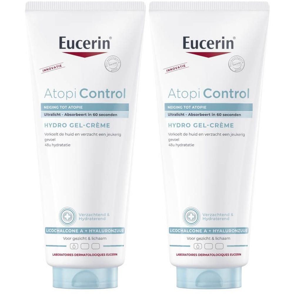 Twee tubes Eucerin AtopiControl Hydro Gel-Crème. Witte tubes met blauwe accenten. Nederlandse tekst.