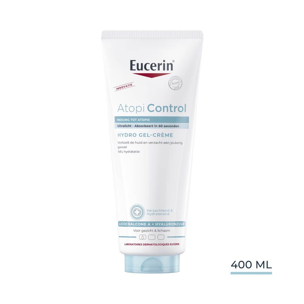 Eucerin AtopiControl Hydro Gel-Crème tube. Witte tube met blauwe dop. 400 ml.