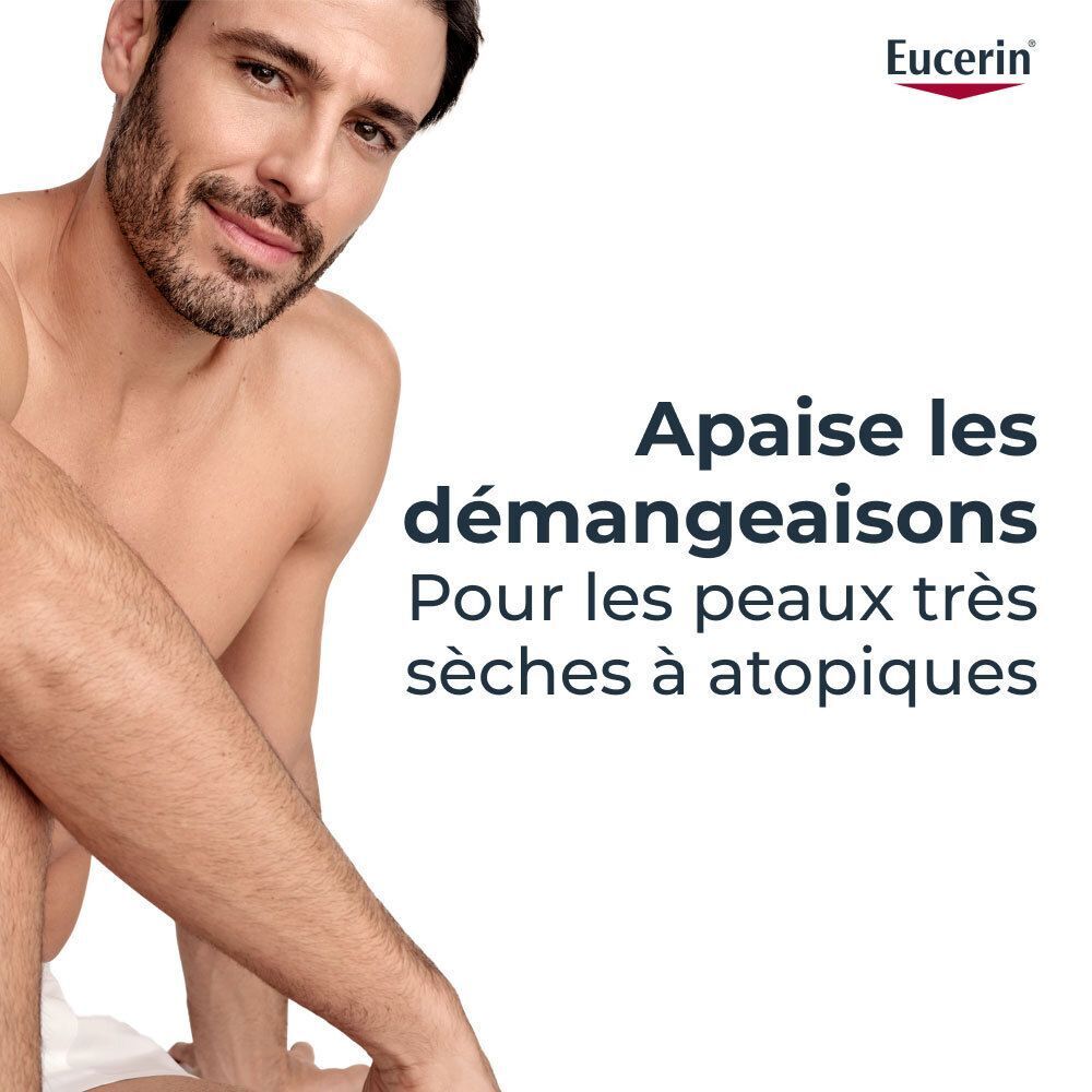 Homme torse nu. Texte: Apaise les démangeaisons. Pour les peaux très sèches à atopiques.
