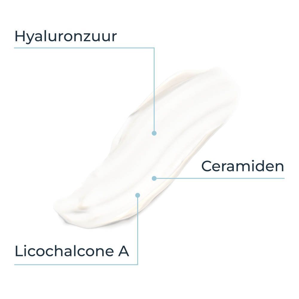 Crèmevlek. Tekst: Hyaluronzuur, Ceramidien, Licochalcone A.
