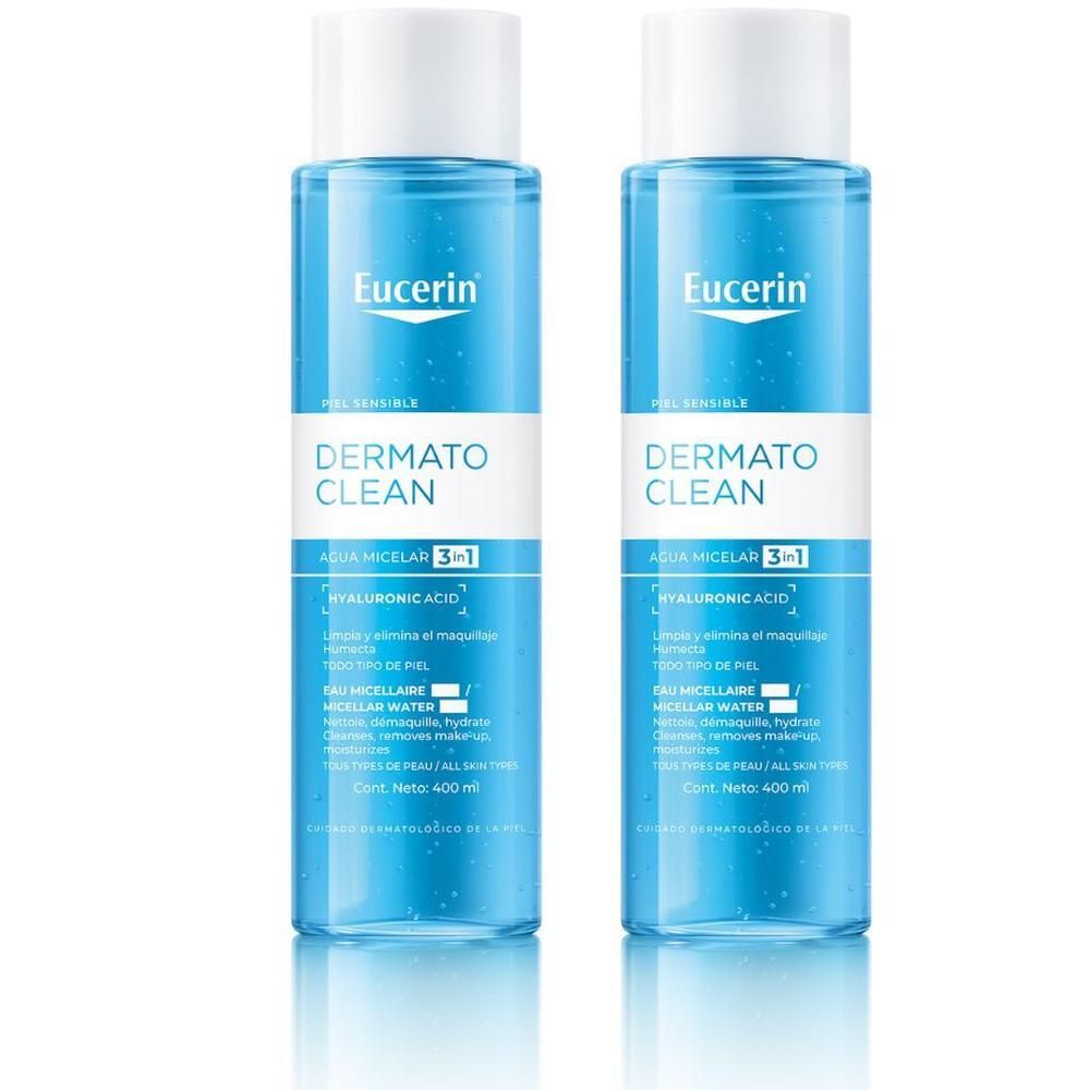 Deux flacons d'eau micellaire Eucerin DermatoCLEAN [HYALURON] 3 en 1. Liquide bleu dans des bouteilles transparentes avec bouchon blanc.
