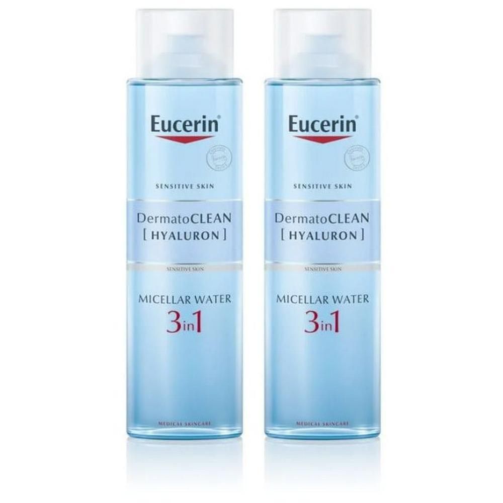 Twee flessen Eucerin DermatoCLEAN [HYALURON] Micellair Water 3 in 1. Blauwe vloeistof in transparante flessen met witte dop.