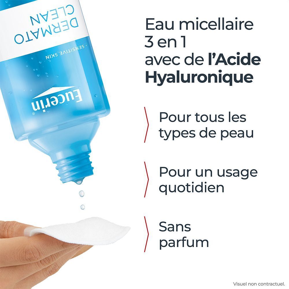 Eucerin DermatoCLEAN Eau micellaire 3 en 1. L'eau coule sur un coton. Texte: Eau micellaire 3 en 1 avec de l'Acide Hyaluronique, Pour tous les types de peau.