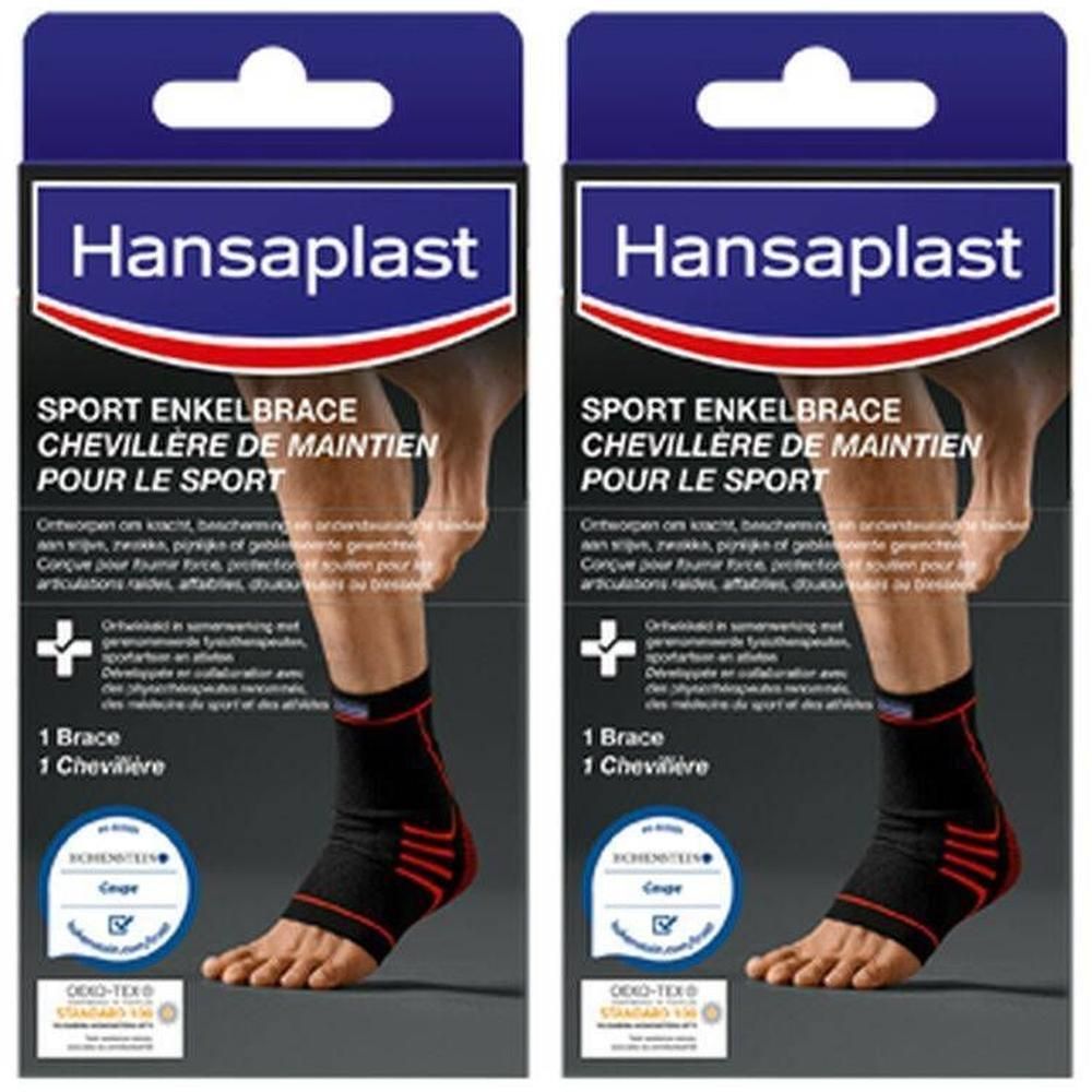 Twee Hansaplast Sport enkelbraces in verpakking. Zwarte en rode brace met tekst. Oeko-Tex certificering.