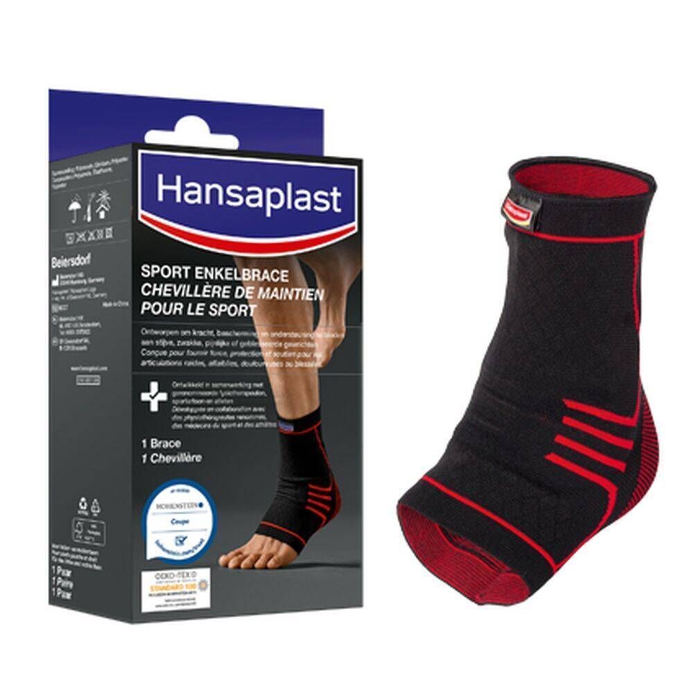 Hansaplast Sport enkelbrace en verpakking. Zwarte en rode brace. Tekst. Oeko-Tex certificering.