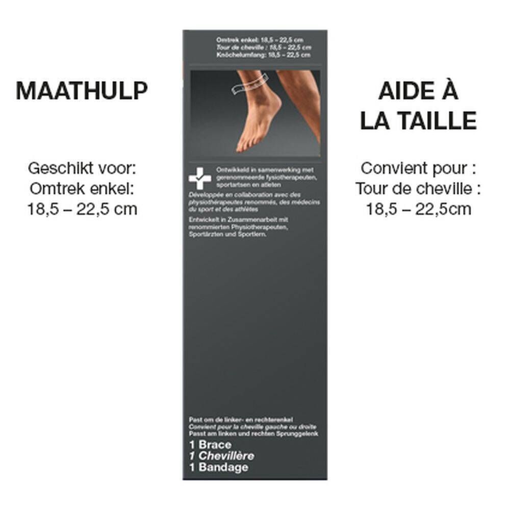 Achterkant van de verpakking met maat informatie. Tekst in het Duits en Frans. Illustratie van een voet.