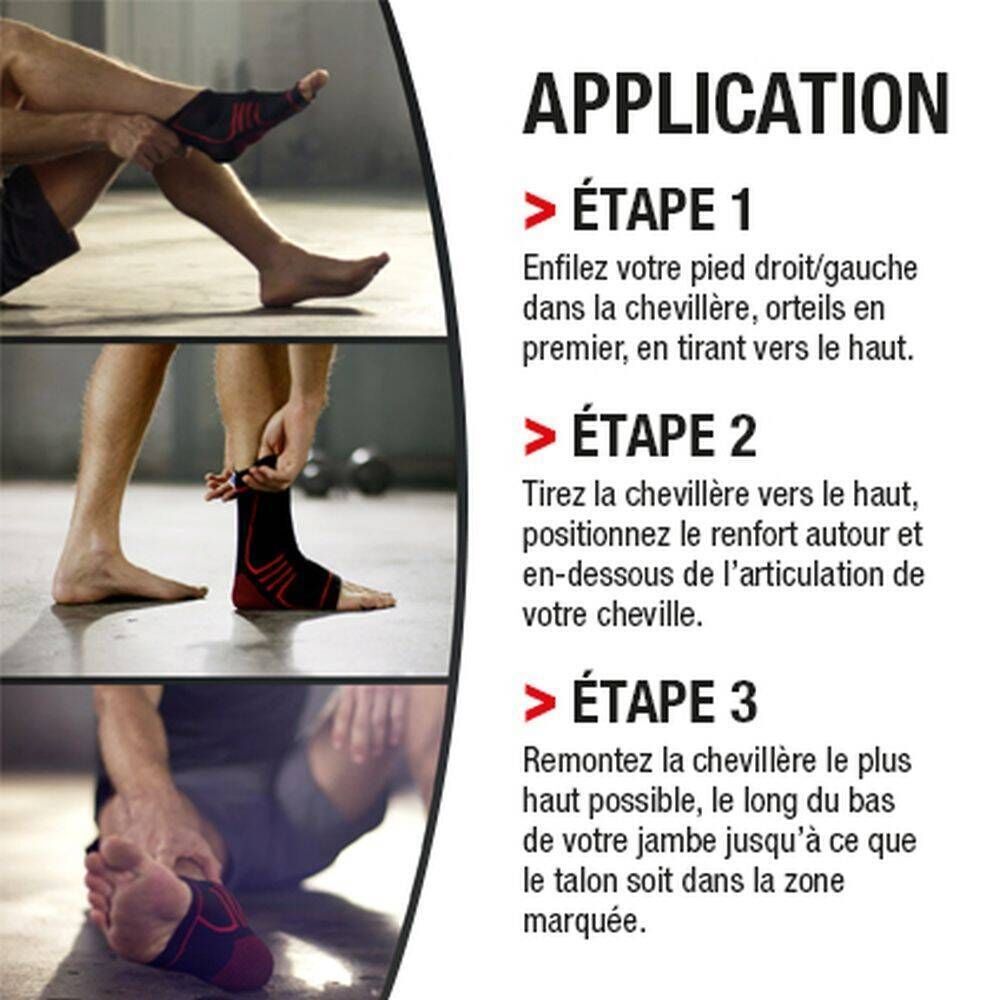 Instructions d'application. Étapes pour mettre la chevillère. Illustrations de pieds.