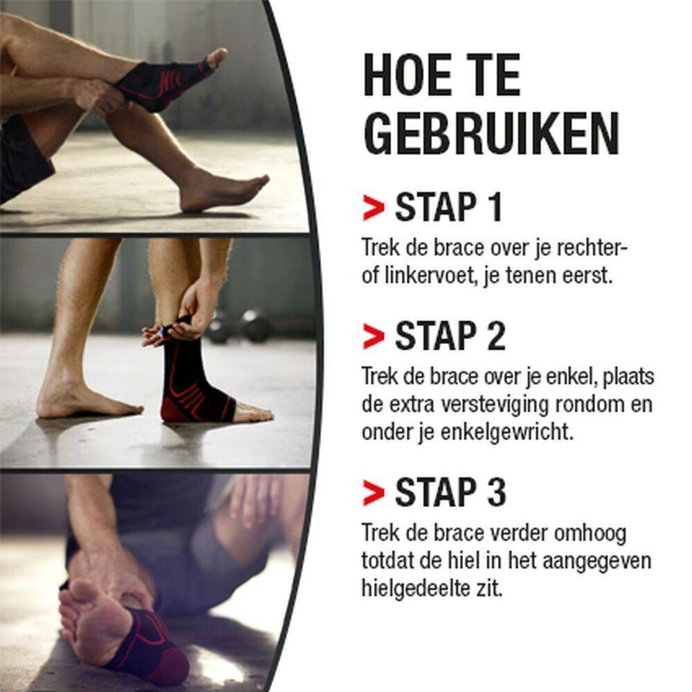 Gebruiksaanwijzing. Stappen om de enkelbrace aan te brengen. Illustraties van voeten.
