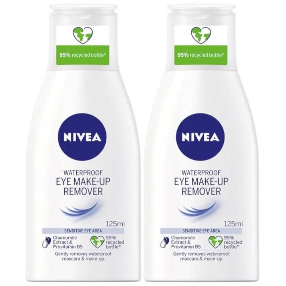 Deux flacons de démaquillant pour les yeux NIVEA. Blanc, avec logo et texte bleus. Contient 95% de bouteille recyclée.