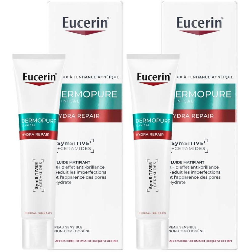 Deux tubes Eucerin DERMOPURE CLINICAL Hydra Repair Fluide Matifiant et emballage. Blanc, bleu, rouge. Texte.