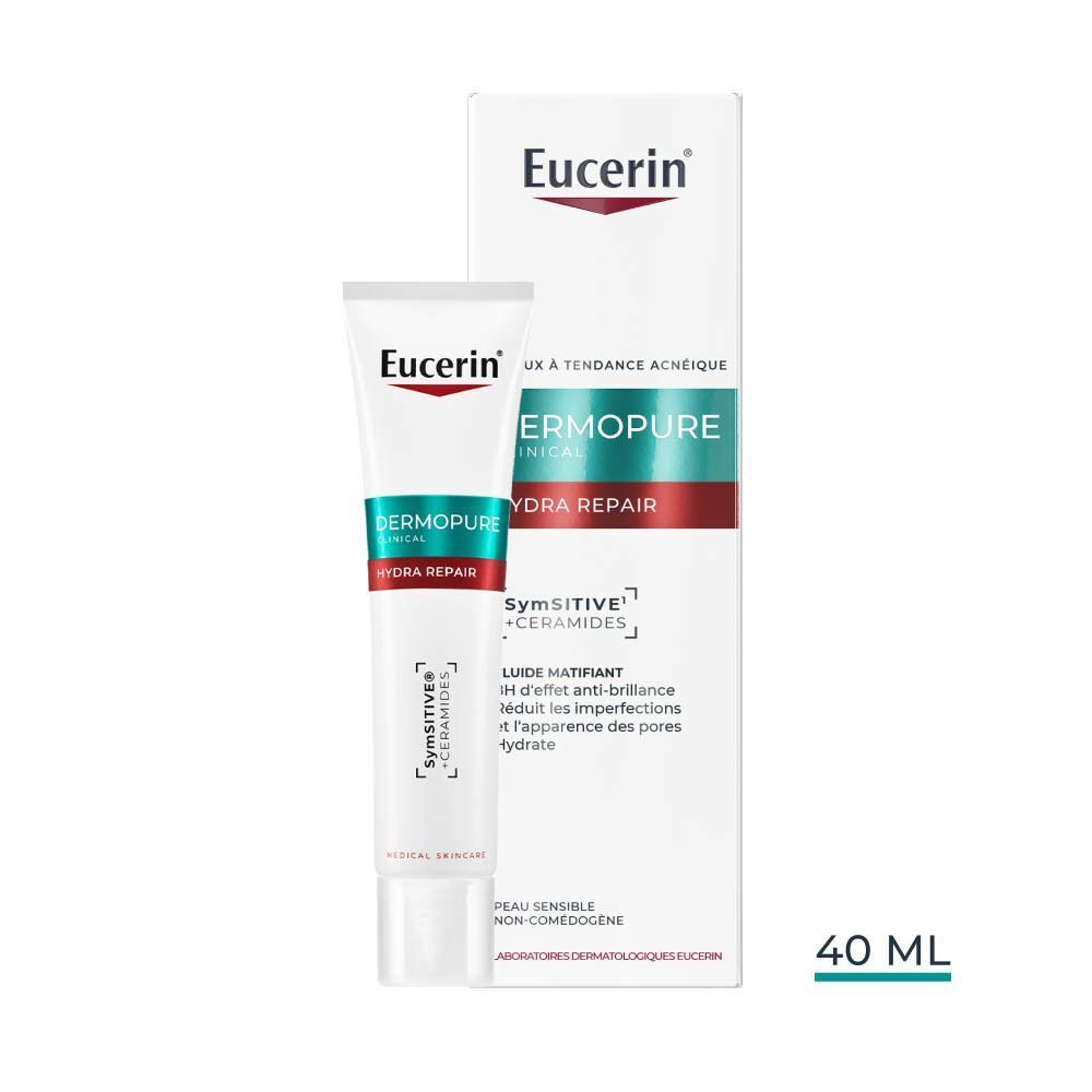 Tube Eucerin DERMOPURE CLINICAL Hydra Repair Fluide Matifiant et emballage. Blanc, bleu, rouge. 40 ml.