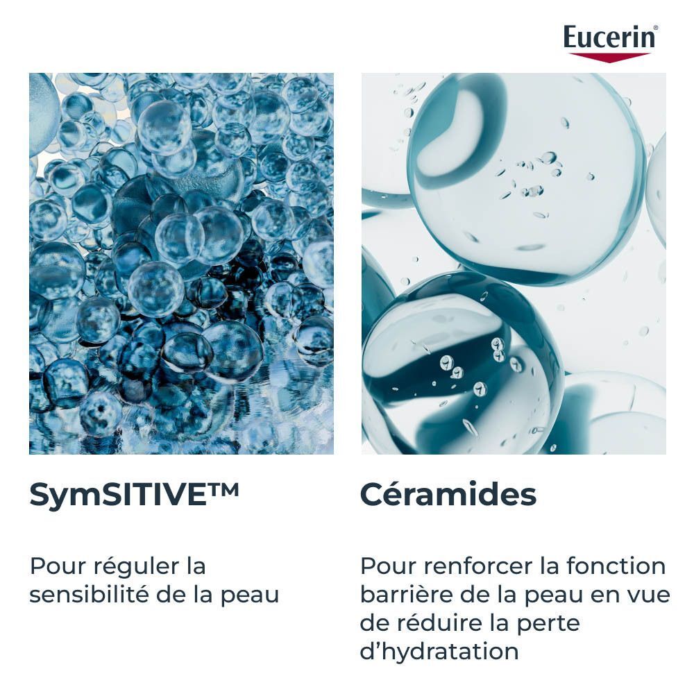 Deux images : SymSITIVE™ et Céramides. Texte : Pour réguler la sensibilité de la peau. Pour renforcer la fonction barrière.