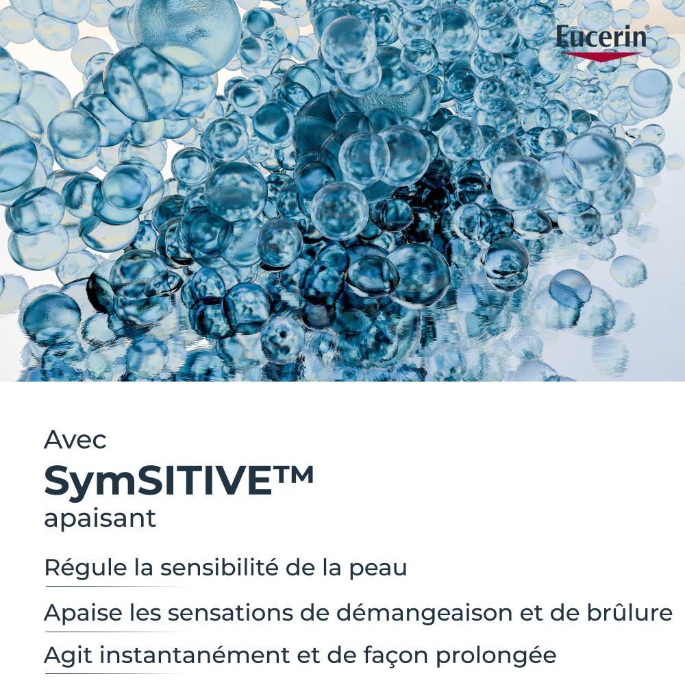 Texte : Avec SymSITIVE™ apaisant. Régule la sensibilité de la peau. Apaise les sensations de démangeaison et de brûlure.