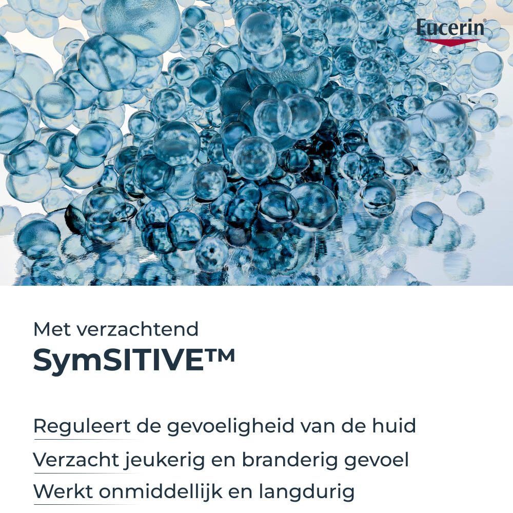 Tekst: Met verzachtend SymSITIVE™. Reguleert de gevoeligheid van de huid. Verzacht jeukerig en branderig gevoel.