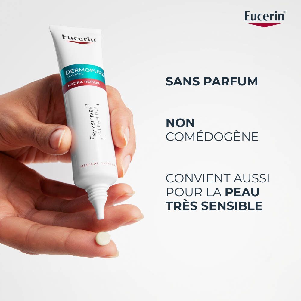 Main avec tube. Texte : Sans parfum. Non comédogène. Convient aussi pour la peau très sensible.
