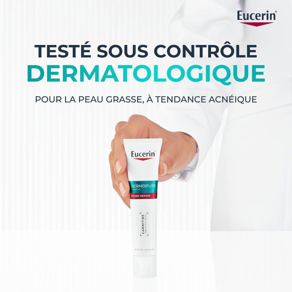 Main avec tube. Texte : Testé sous contrôle dermatologique. Pour la peau grasse, à tendance acnéique. Eucerin.