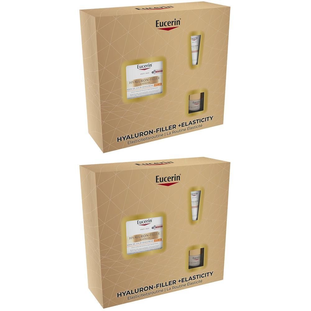 Coffret cadeau Eucerin. Boîte en carton avec fenêtres, contenant crèmes et tubes. Logo Eucerin et noms de produits visibles.