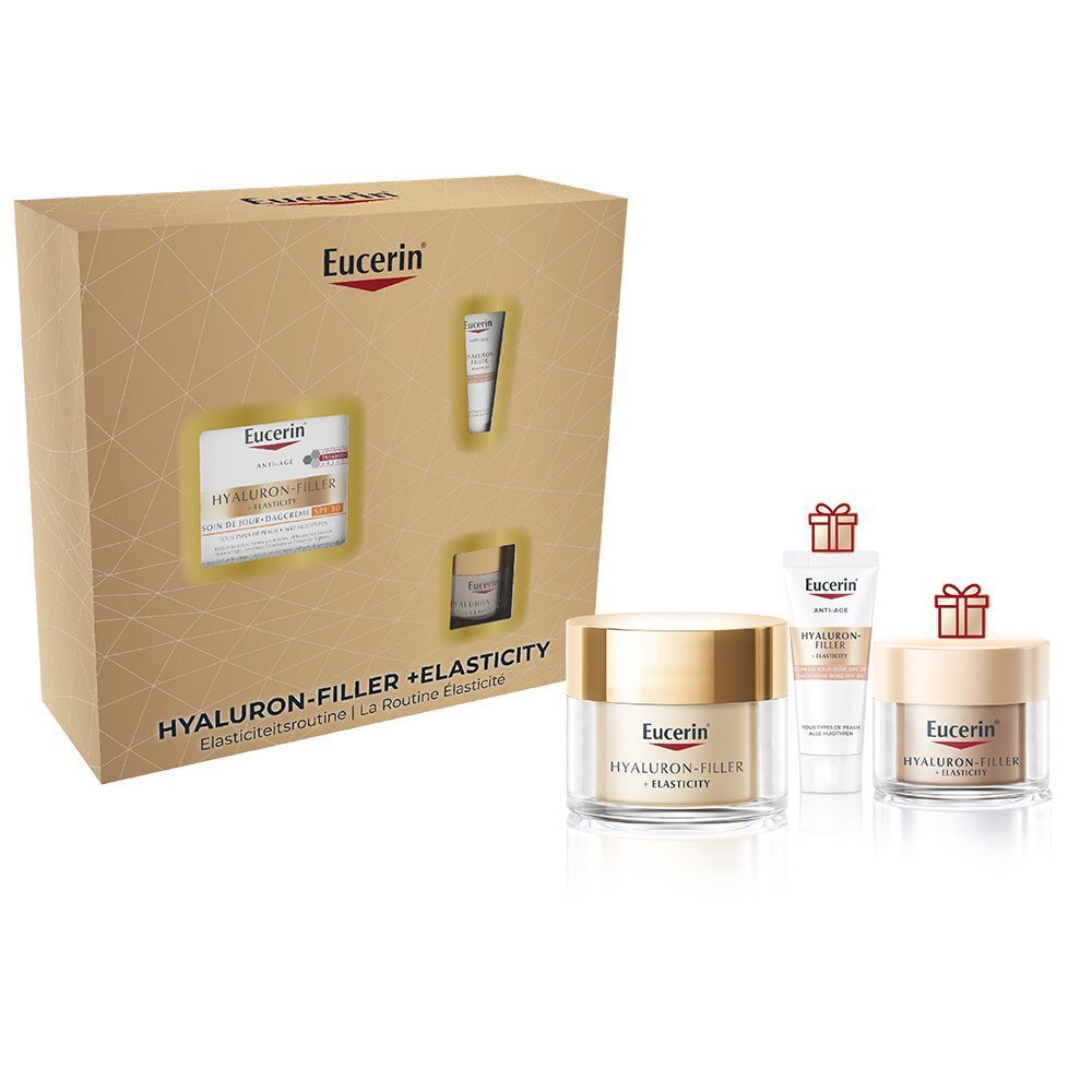 Coffret cadeau Eucerin avec crèmes supplémentaires. Boîte avec fenêtres, crèmes et tubes. Logo Eucerin visible.